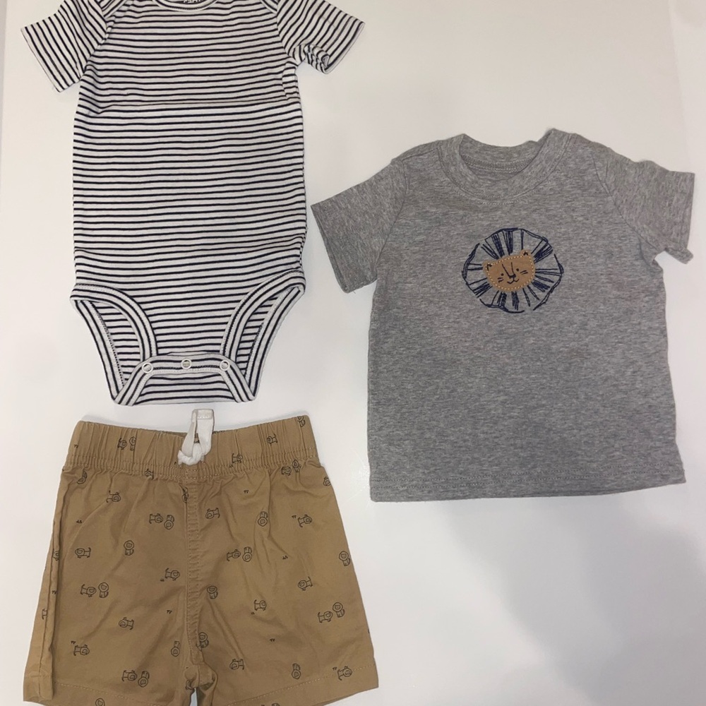 Striped Onesie and Lion T-Shirt with Tan Shorts Set